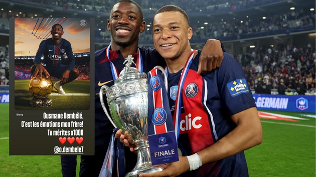 Phản ứng của Mbappe khi Dembele giành Quả bóng vàng