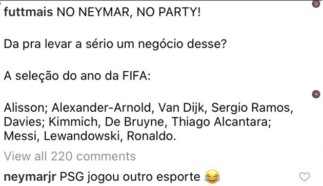 Bất bình giùm PSG, Neymar “đá xoáy” đội hình tiêu biểu của năm
